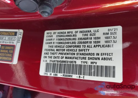 2021 Honda Cr-V Ex z USA, uszkodzony, nr VIN 7FART6H58ME010076